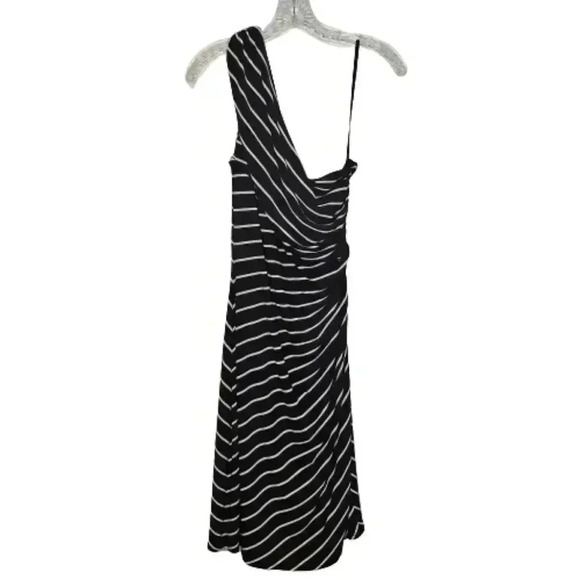 Lauren Ralph Lauren One Shoulder Black Cream Striped Side Ruched Sheath Dress 12 - Picture 2 of 9